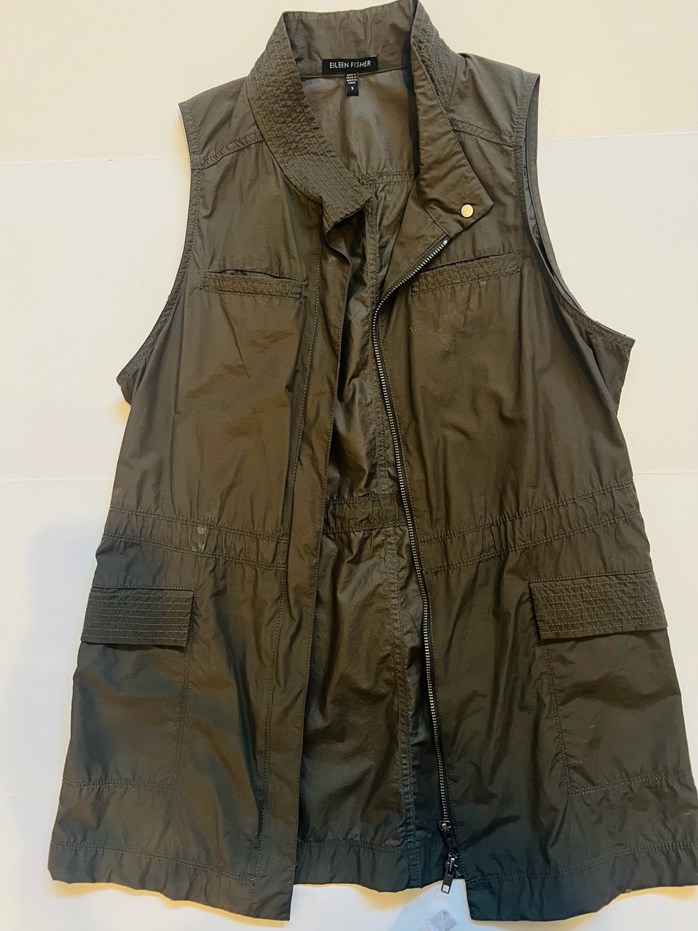 Size S Eileen Fisher long olive vest.
